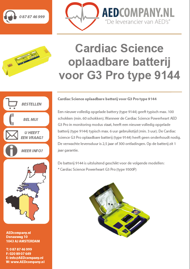Cardiac Science oplaadbare batterij voor G3 Pro type 9144 brochure