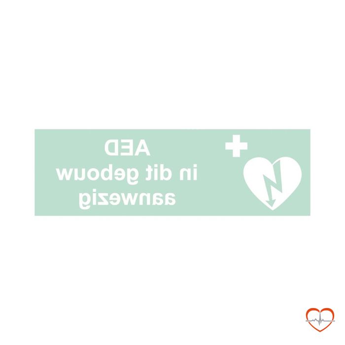 AED pictogram spiegelbeeld "AED in dit gebouw aanwezig" sticker vinyl AED pictogram spiegelbeeld "AED in dit gebouw aanwezig" sticker vinyl