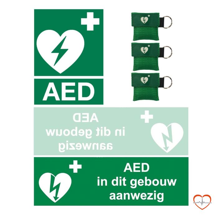 AED stickerset 3st. & 3st. GRATIS Kiss of Life sleutelhanger groen ilcor logo AED stickerset 3st. & 3st. GRATIS Kiss of Life sleutelhanger groen ilcor logo