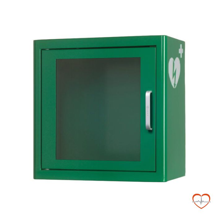 Universele AED wandkast kleur: groen UK1 met AED ILCOR logo dicht Universele AED wandkast kleur: groen UK1 met AED ILCOR logo dicht