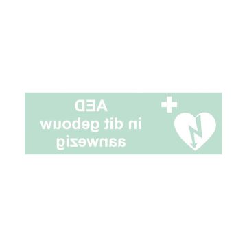 AED pictogram spiegelbeeld "AED in dit gebouw aanwezig" 30 X 10 cm (sticker)