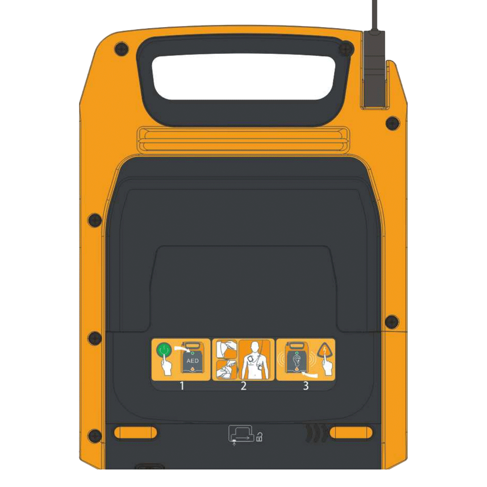 Illustratie om de batterij klep van de MINDRAY BeneHeart D1 AED te openen